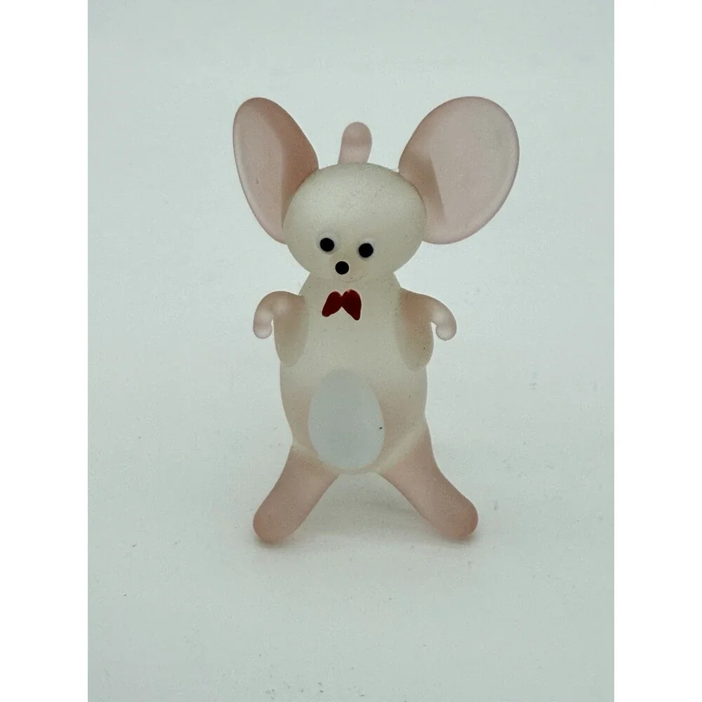 Hand Blown Art Glass Mice Mouse Pink White Frosted Glass Figurine 2.5”H